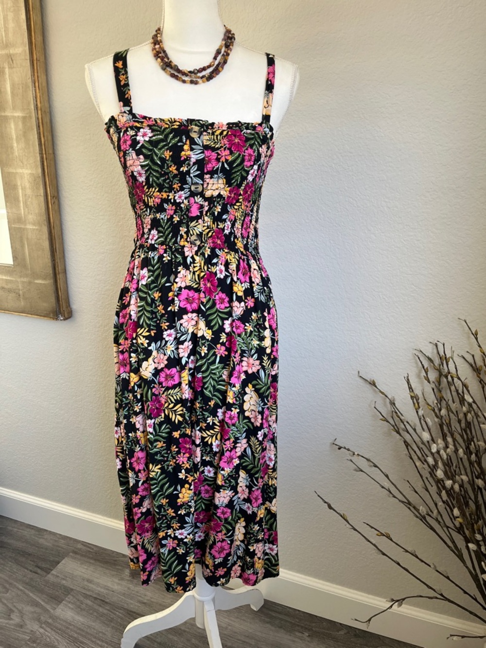 Liberty Love Black Floral Smocked Midi Dress with Pink & Green